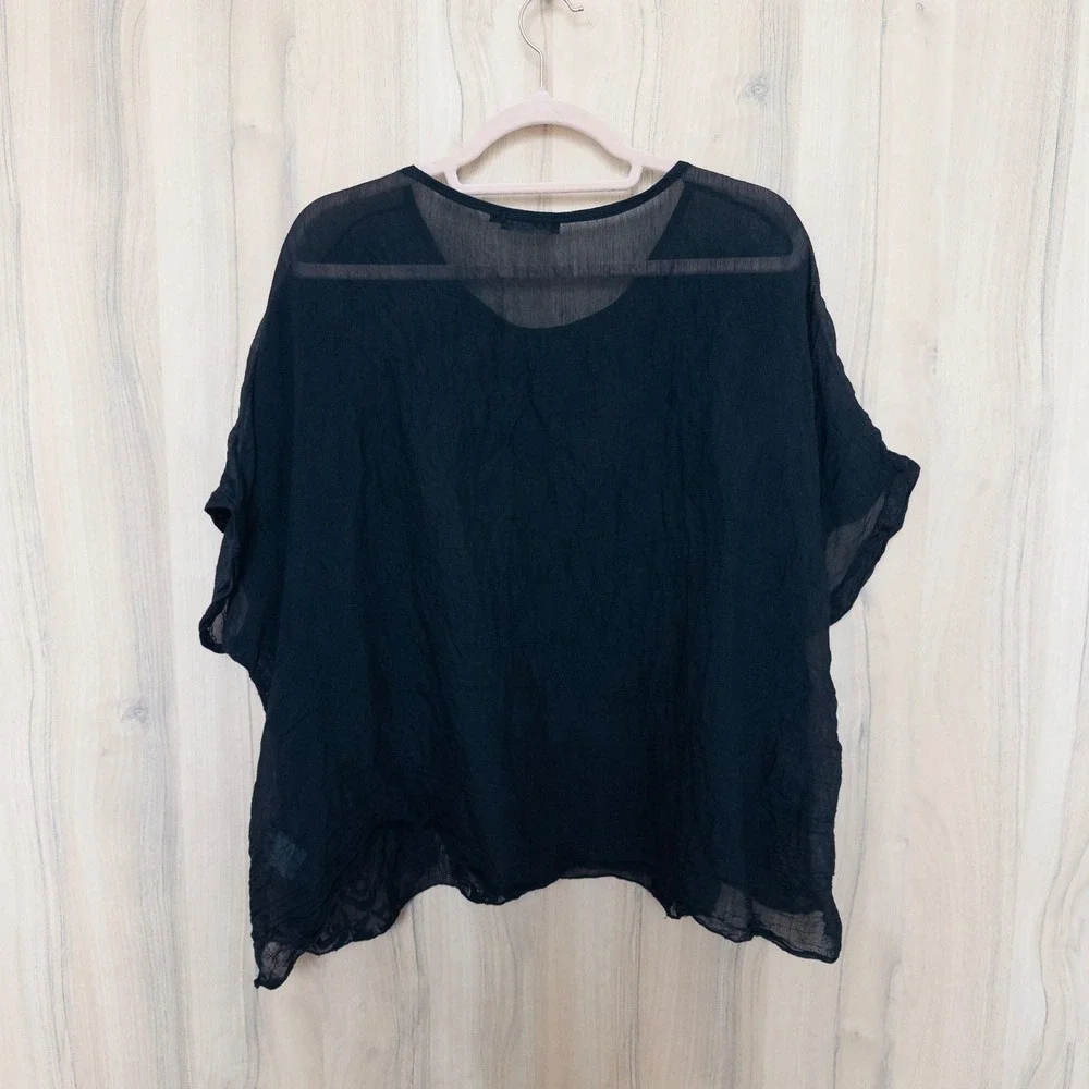 Womens Sheer Embroidered Blouse L Black Floral Italy Layer Witchy Boho Boxy Goth